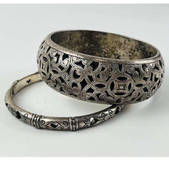 Set 2 Brighton Bangle Bracelets Retired Vintage Scroll Hearts Thick Chunky Silve - Picture 1 of 16